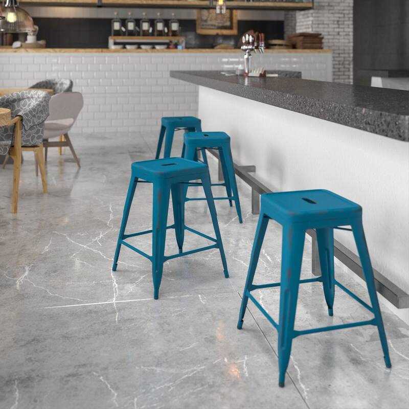 24" High Backless Distressed Metal Indoor-Outdoor Counter Height Stool - Antique Blue