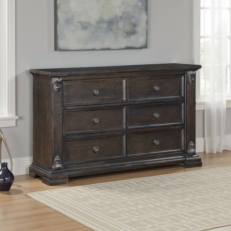 Walz 66 Inch Wide Dresser, 6 Drawers, Espresso Brown with Black Knobs