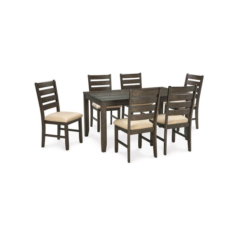 Ane 7pc Dining Table Set, Cream Upholstered Chairs, Rough Sawn Brown