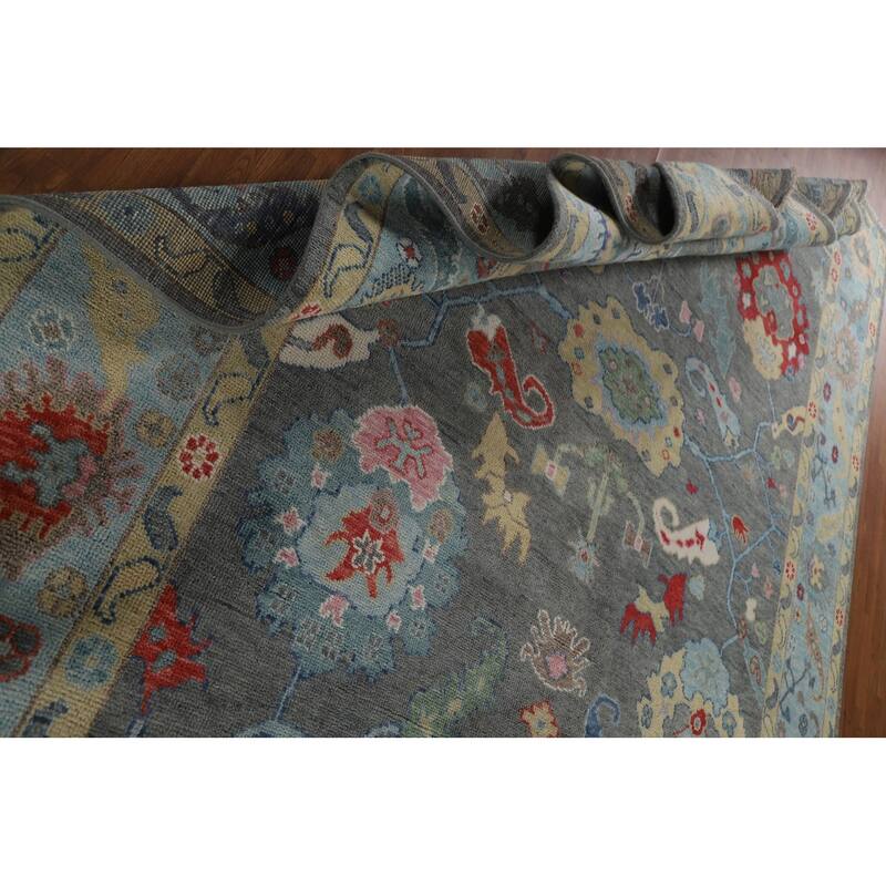 Gray Floral Oushak Oriental Area Rug Hand-Knotted Wool Carpet - 9'0"x 11'9"