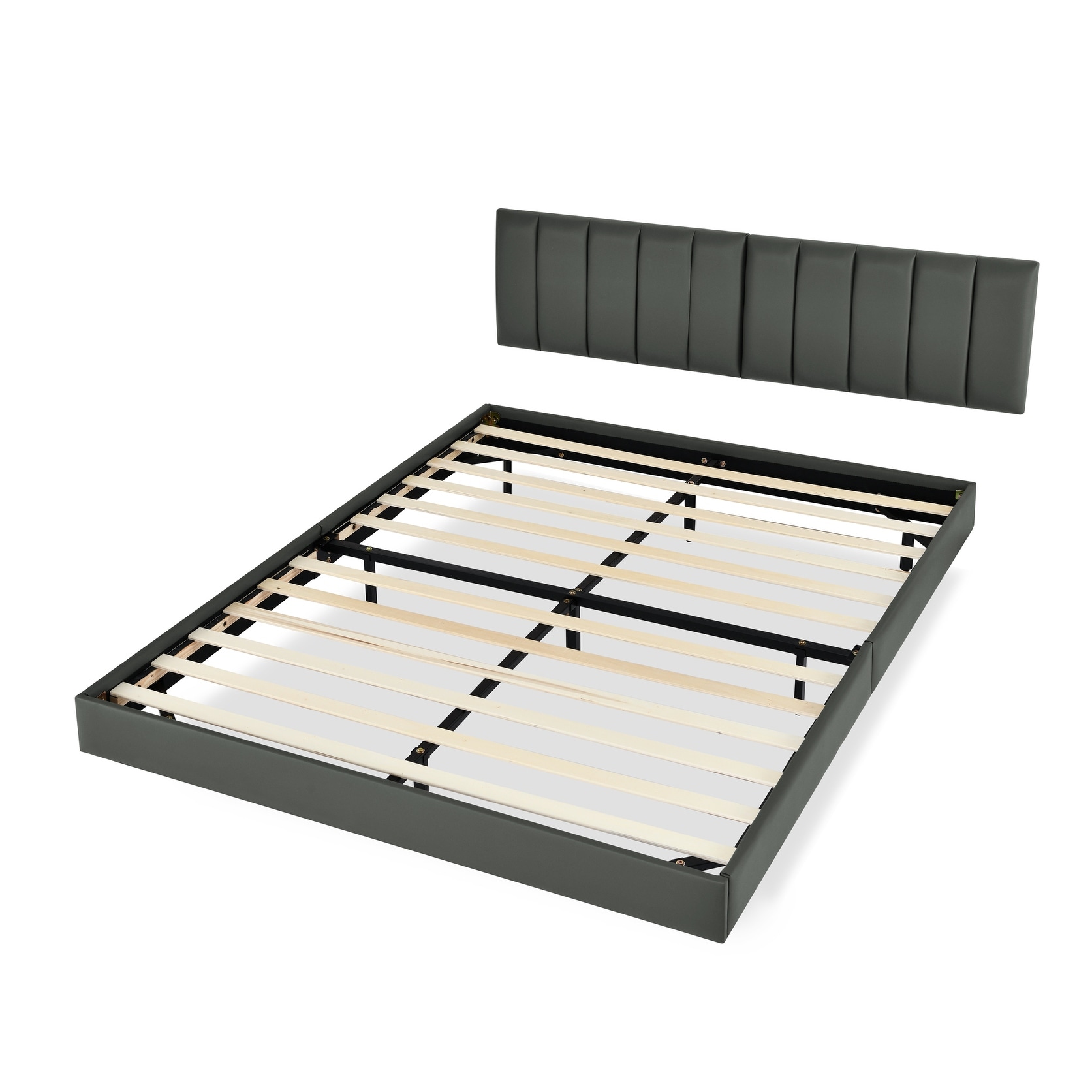 Grey Upholstered Bed Queen Low Profile Bed with Wall Mounted Headboard
