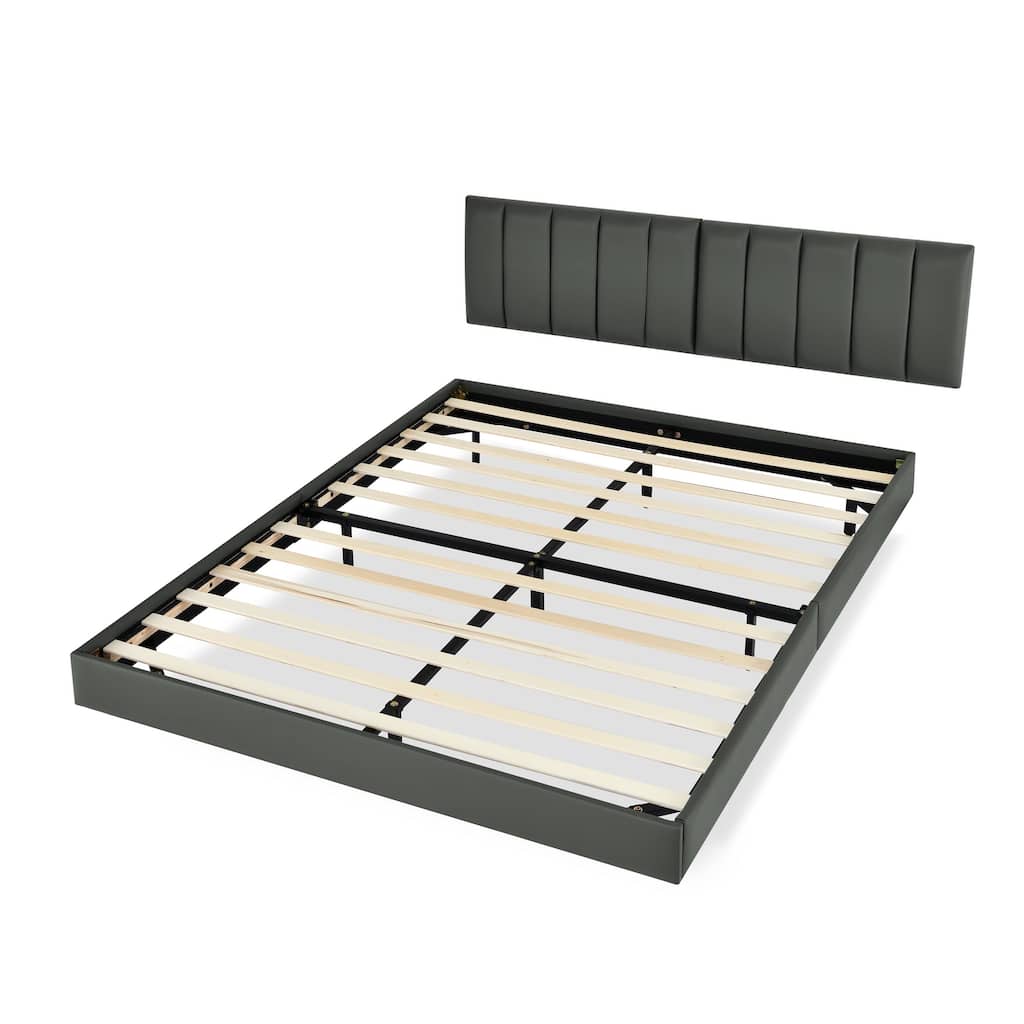 Grey Upholstered Bed Queen Low Profile Bed with Wall Mounted Headboard