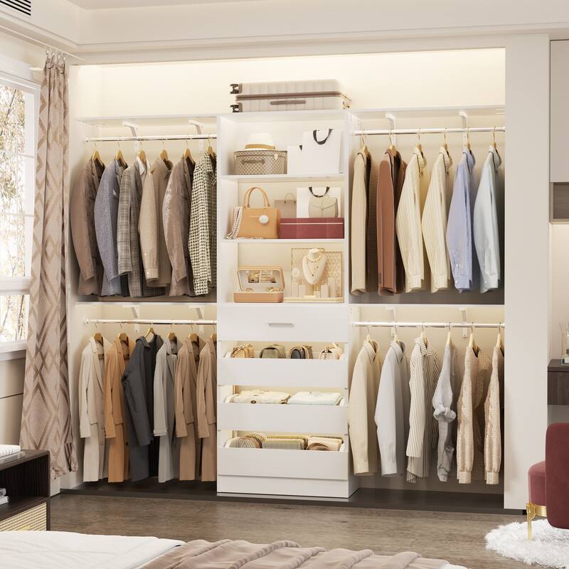 Rackcog 96'' Closet System with 4 Drawers and 4 Hanging Rods, 8FT Wood Closet Organizer for Walk-in Closet