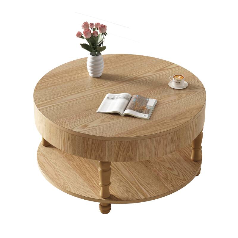 31.5" Modern Round Coffee Table with Adjustable Leveling Feet and Dual Storage