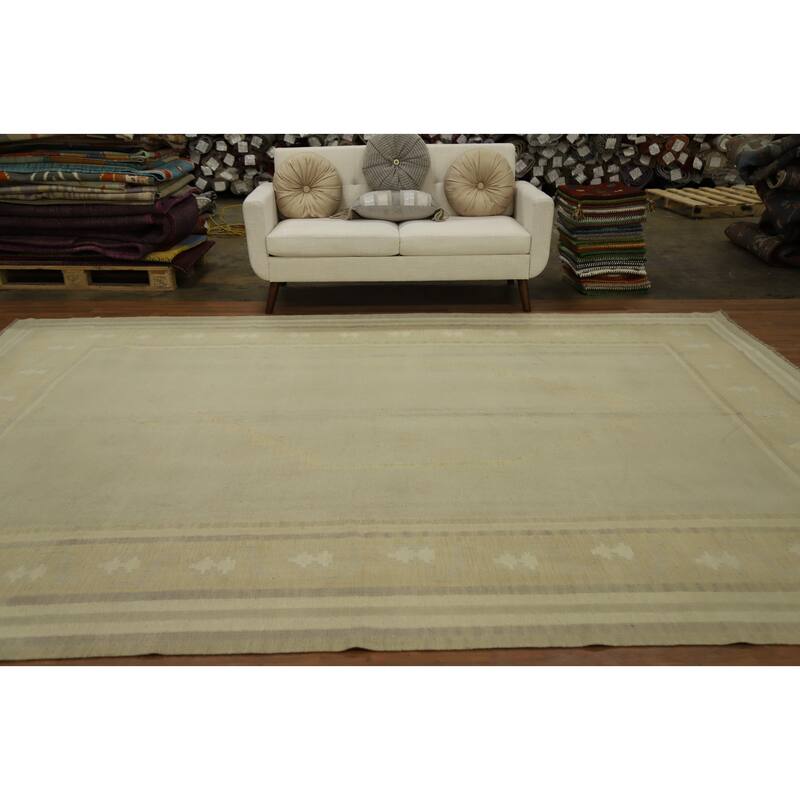 Hand Woven Oriental 100% Wool Carpet Southwestern Tribal Beige & Ivories Kilim Area Rug - 12' 2'' X 9' 1''
