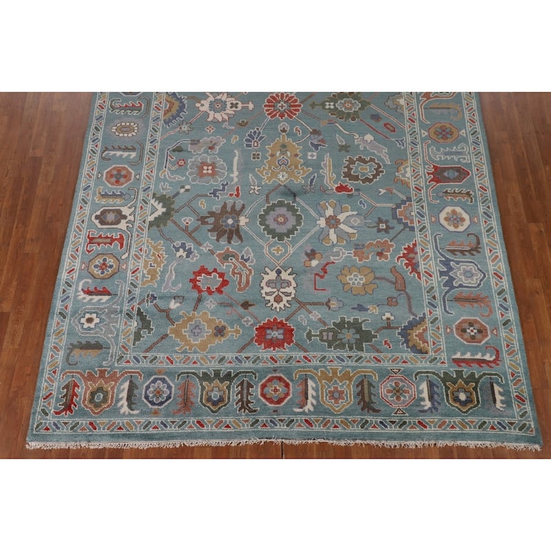 Floral Blue Oushak Oriental Area Rug Hand-Knotted Wool Carpet - 8'1"x 9'11"