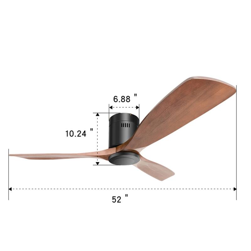 52'' Flush Mount Ceiling Fan with DC 3 Carved Wood Blades and Remote Control, without Light - 52''×52''×10.24''