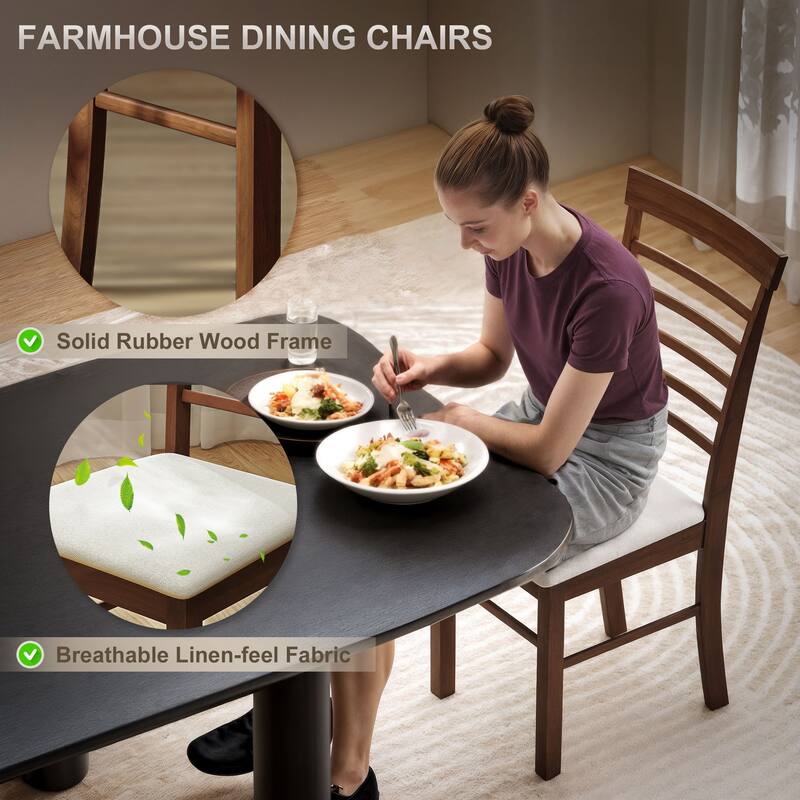 Set of 2 Dark Brown Beige Dining Chairs with Foam Cushion Seat and Rubberwood Frame - 17.1" W x 20.1" D x 37" H