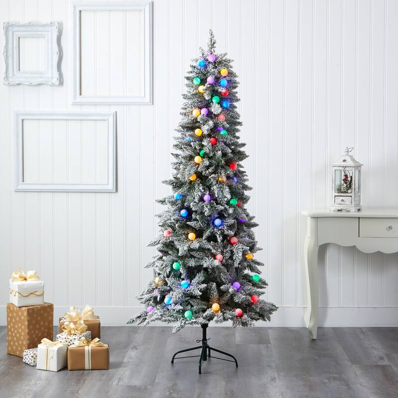 5ft. Flocked Fir Artificial Christmas Tree with 50 Multi-Color Globe Bulbs and 379 Branches - Playful X-Mas Accent Tree