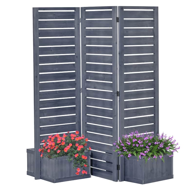 Outsunny Freestanding Outdoor Privacy Screen, 4 Self-Draining Planters / Raised Garden Beds, 3 Hinged Panels