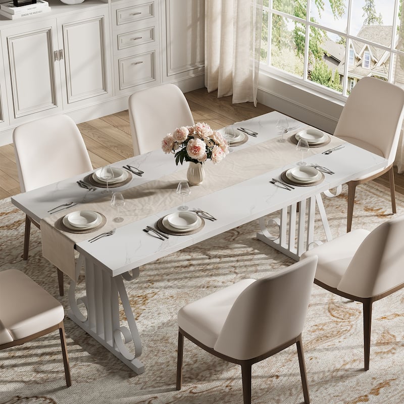 Rossetta Modern 70.9" Rectangular Faux Marble Top Dining Table with Adjustable Feet and Metal Frame - White