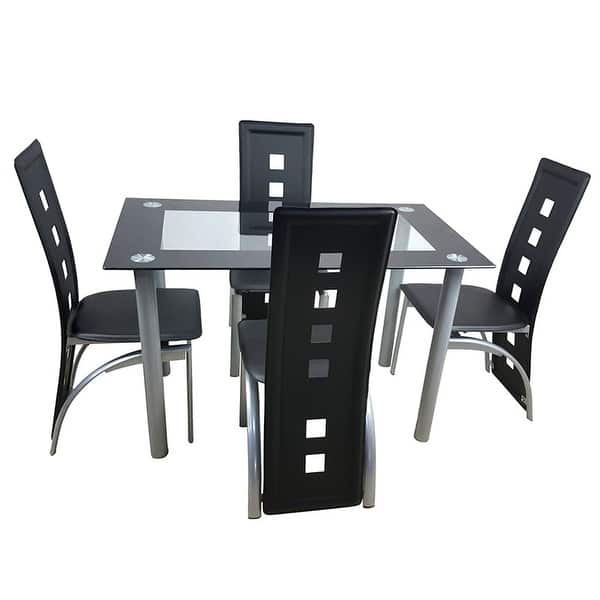 slide 3 of 9, 110cm Dining Table Set Tempered Glass Dining Table with 4pcs Chairs Transparent & Black