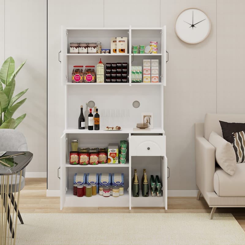 71" Kitchen Pantry Storage Cabinet with Microwave Oven Countertop, Freestanding Hutch Cabinet with Adjustable Shelves
