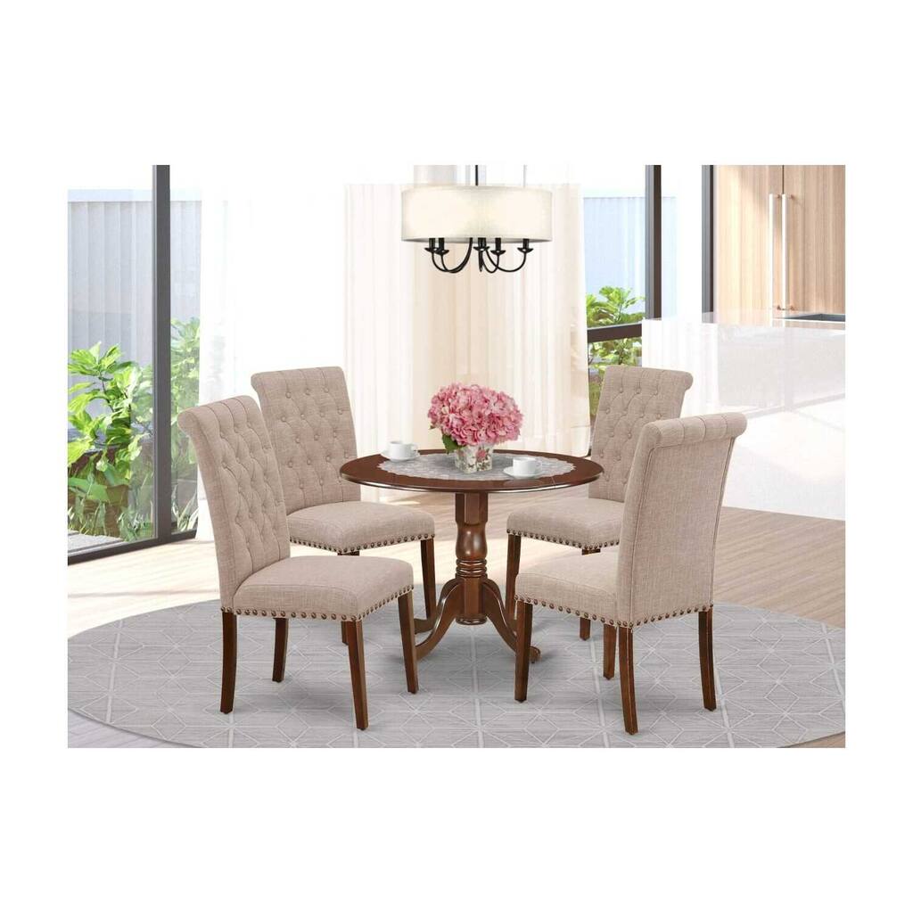HomeStock 5-Piece Round Mahogany Finish Solid Wood Top Dining Table with 4-Parson Chair with Drop Leaf Lattice Back