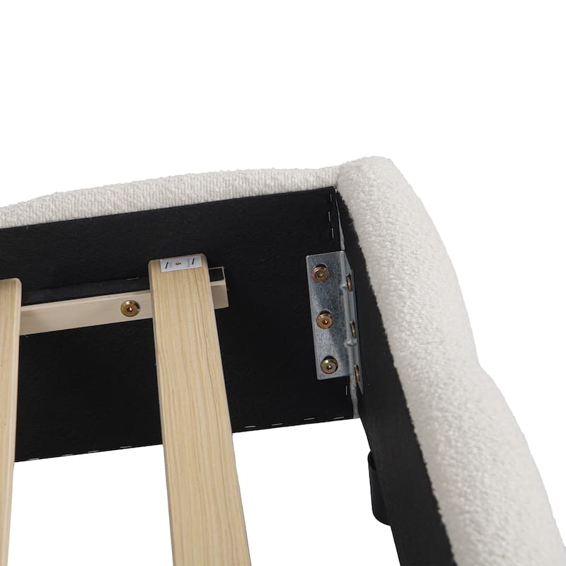 Boucle Fabric Upholstered Bed Frame with Curveshaped Thick Headboard, Soft Fluffy Wingback Bed, Beige Low Profile Platform Bed