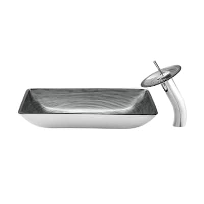 Vincennes Rectangular Glass Vessel Sink With Faucet, Smoky Grey - 22.2" x 14" 4.35"