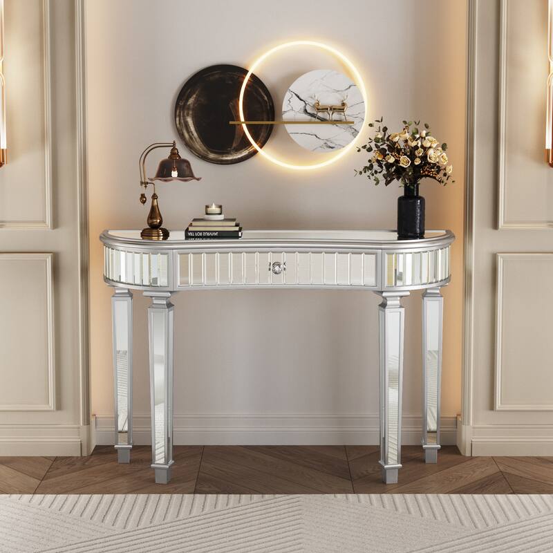 47" Silver Half-Moon Console Table with Fluted Glass & Crystal Knob Drawer - Entryway Vanity Desk for Bedroom/Dressing Room