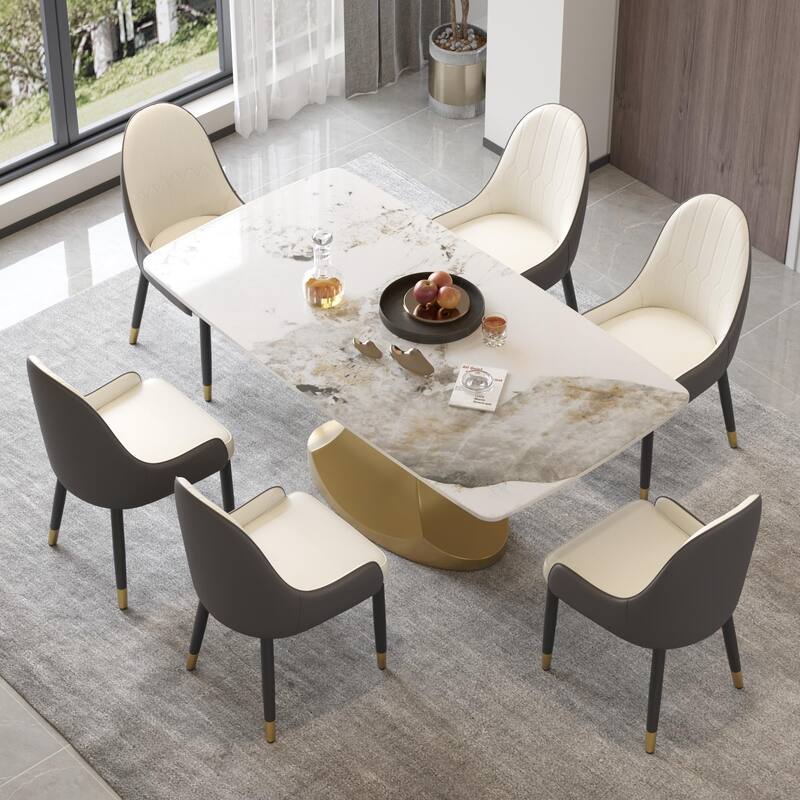 Dining Table for 6~8 Person, Faux Marble Kitchen Dining Table with Gold Pedestal. - 70.87" - Off White