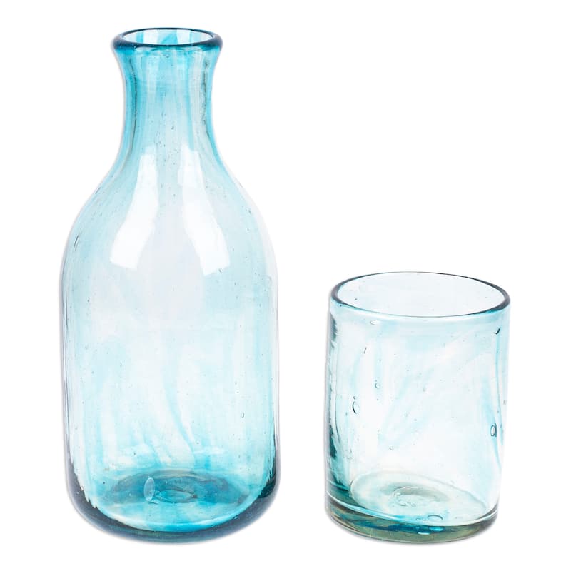 Novica Handmade Delicate Aqua Handblown Recycled Glass Carafe And Glass Set (Pair)