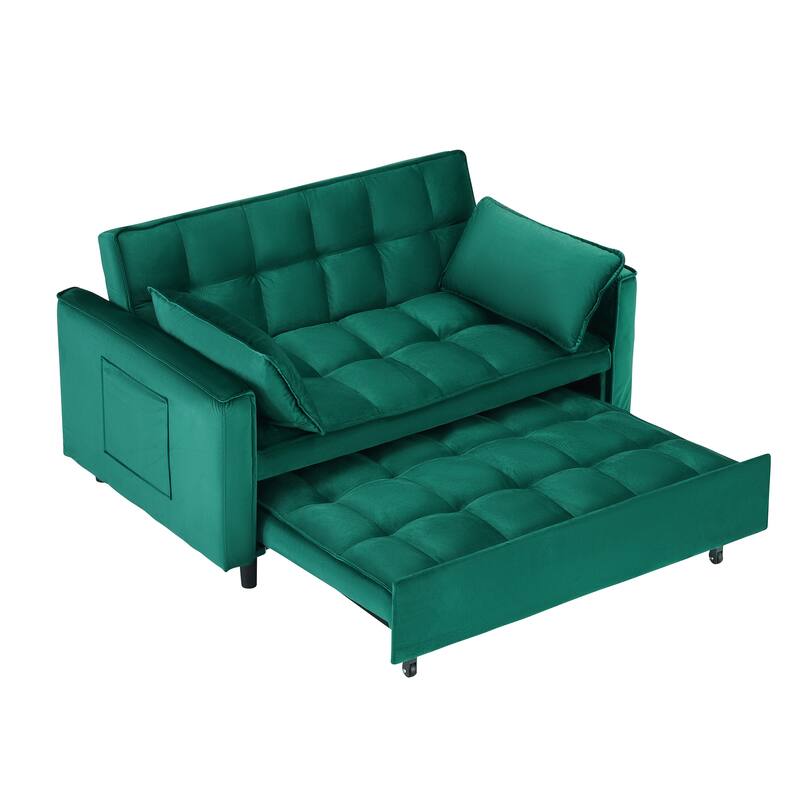 Velvet 3 in 1 Pull Out Loveseat Sofa Convertible Sleeper Love Seat Bed Tufted Futon Sofa with 2 Pillows and Pockets