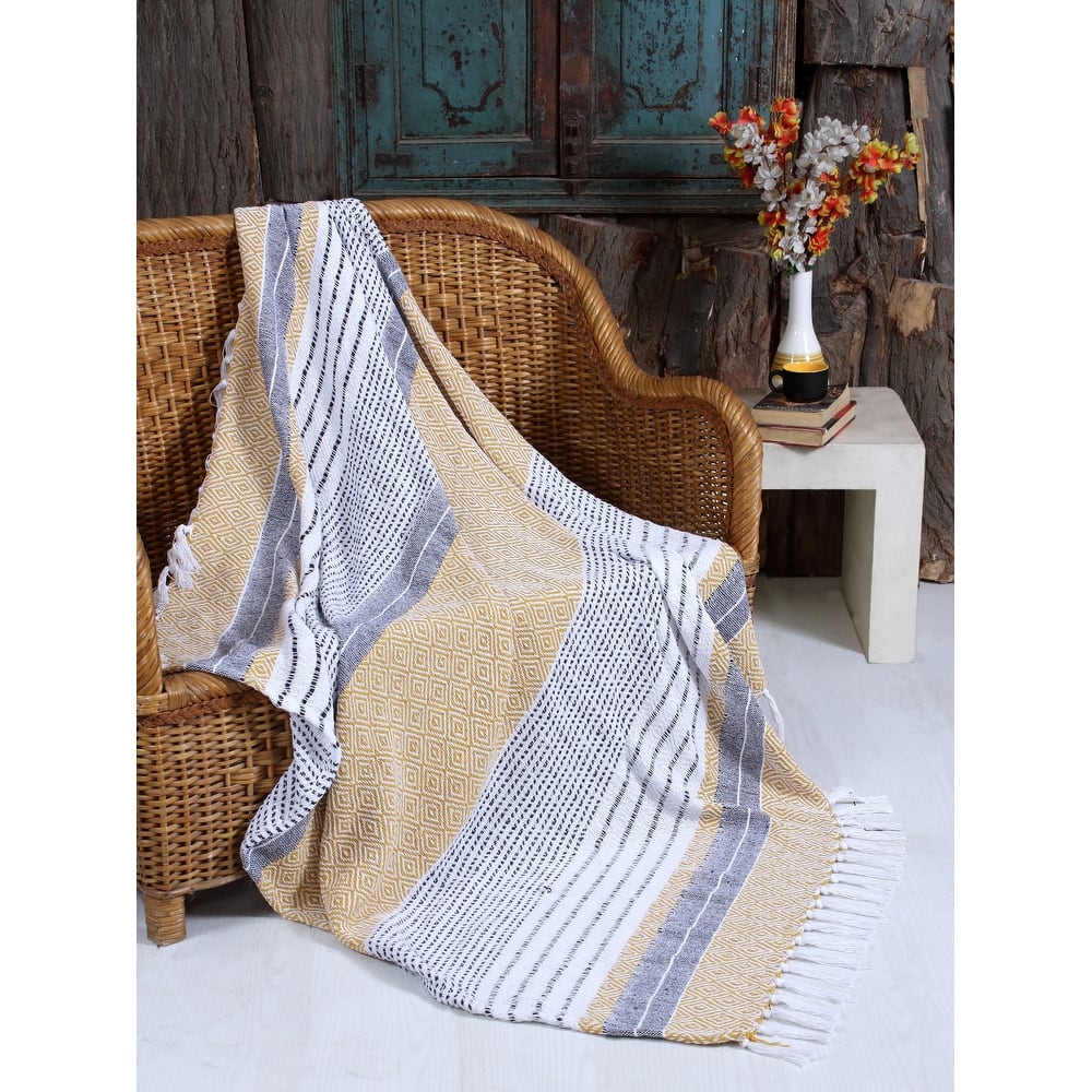 Hand Woven Cotton Rustic Throw Blankets - All Season Comfort with Tassels (Set of 2, 50x60 inches)