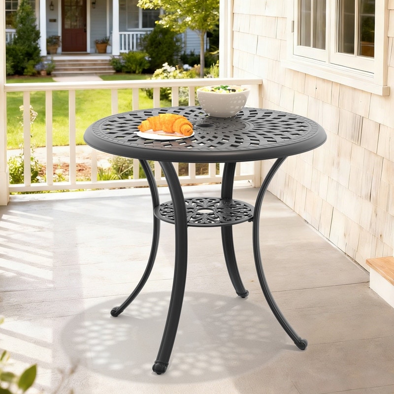 30.71 inch Black Round Cast Aluminum Patio Table with Umbrella Hole