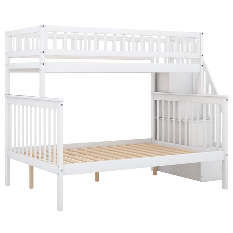 Twin Over Full Bunk Bed with Storage, Ladder & Guardrails