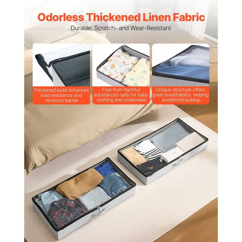 2-Pack Under Bed Storage Bins Foldable Linen Organizer with Double Zipper for Clothing or Shoes - 33.5” x 16.9” x 4.7”