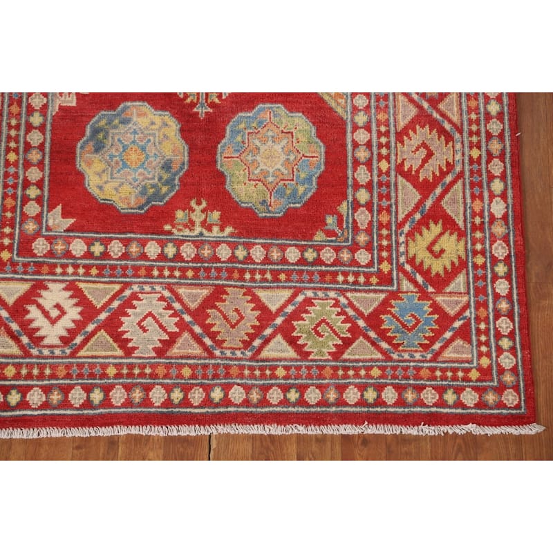 Geometric Kazak Area Rug Hand-Knotted Traditional Wool Carpet - 4'2" x 6'4"