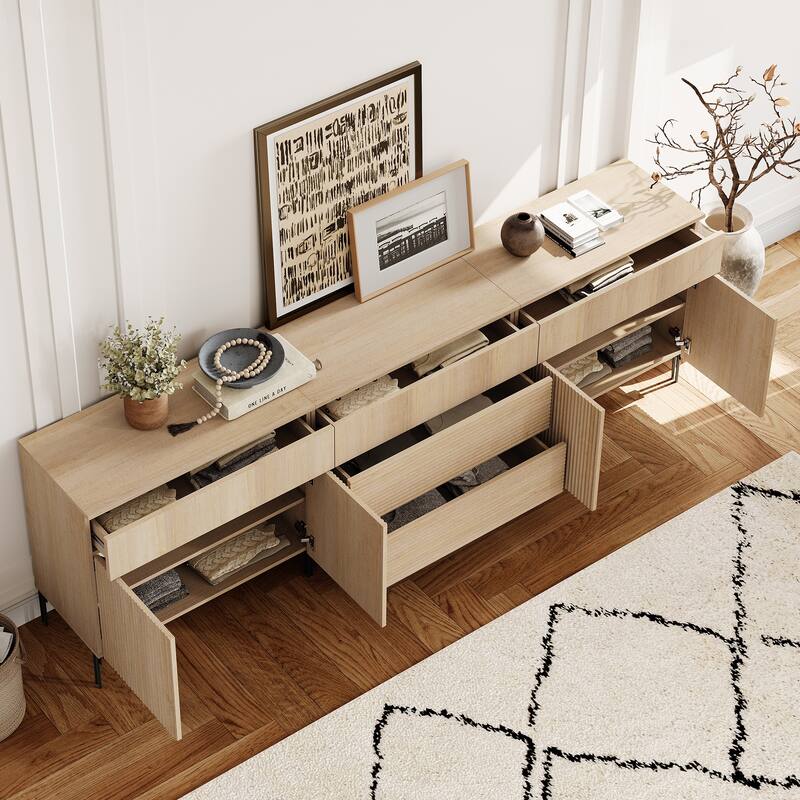 94.5" Modern Reeded Minimalist Sideboard With Doors And Drawers, 3-In-1 Wooden Credenza