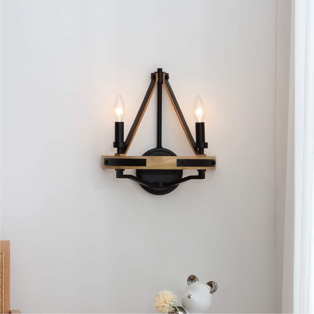 VidaLite Savannah 2-Light Rustic Farmhouse Style Wall Sconce Light, Natural Brown Ashwood & Matte Black Wall Lamp - 13" x 13.5"
