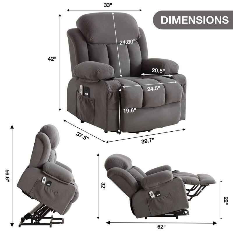 Velvet Power Lift Recliner Chair with Heat & Massage, Electric Recliner Chair with USB Port, Remote Control & Side Pocket