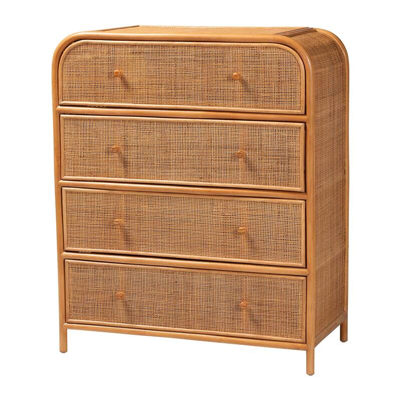 Sampit Natural Rattan 4-Drawer Storage Cabinet - Handwoven Cane Display Unit, Boho Coastal Accent for Hallway or Living Room - Light Honey