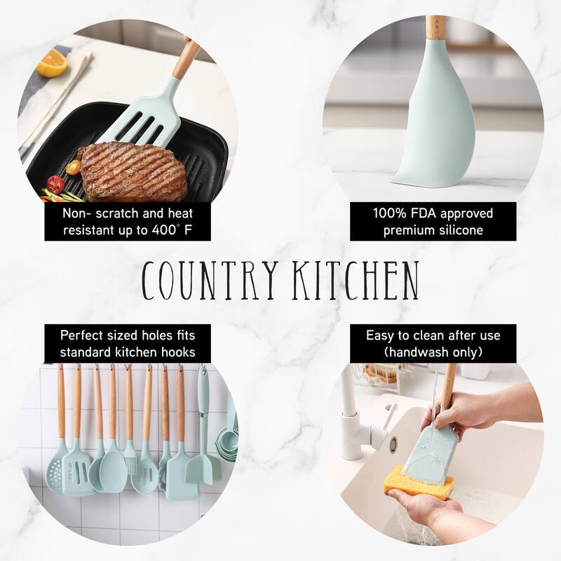 Country Kitchen Non Stick Silicone Utensil Set with Rounded Wood Handles for Cooking and Baking, 38 Piece Set