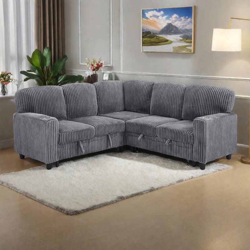81" Corduroy L-Shaped Sectional Sofa Bed with Pull-Out Bed, Storage and USB Charging - Grey