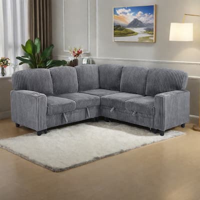 81" Corduroy L-Shaped Sectional Sofa Bed with Pull-Out Bed, Storage and USB Charging