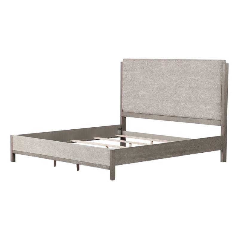 Rizvi Queen Size Bed, Upholstered Headboard, Gray Fabric, Solid Wood