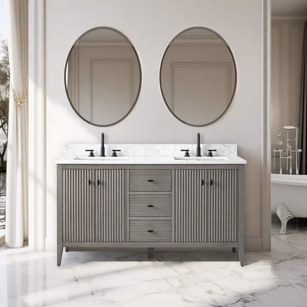 Vanity Art 60" Double Sink Bathroom Vanity Cabinet with Engineered Marble Top