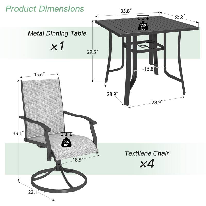 Patio Dining Set, Outdoor Dining Table and Chairs Set with Textilene Chairs, Adjustable Umbrella Hole for Garden, Backyard
