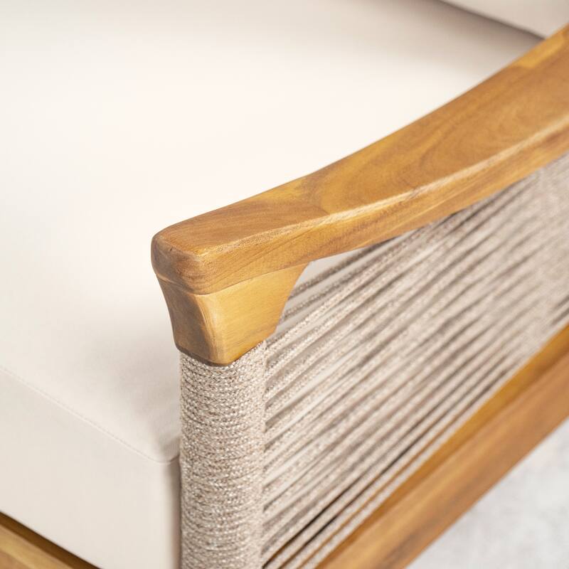 Christopher Knight Home - 4-Piece Patio Conversation Set with Woven Rope Loveseat, Cushions & Acacia Wood Coffee Table