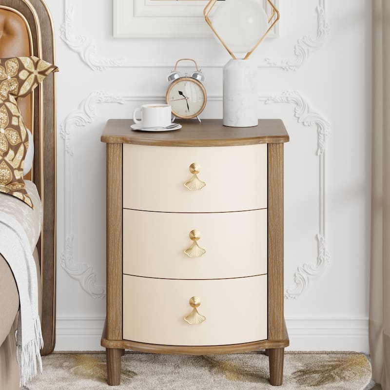 COZAYH Elegant 3-Drawer Nightstand with Gold Leaf Handles, Vintage Curved Front Design, Distressed Finish - Brown/Off-White