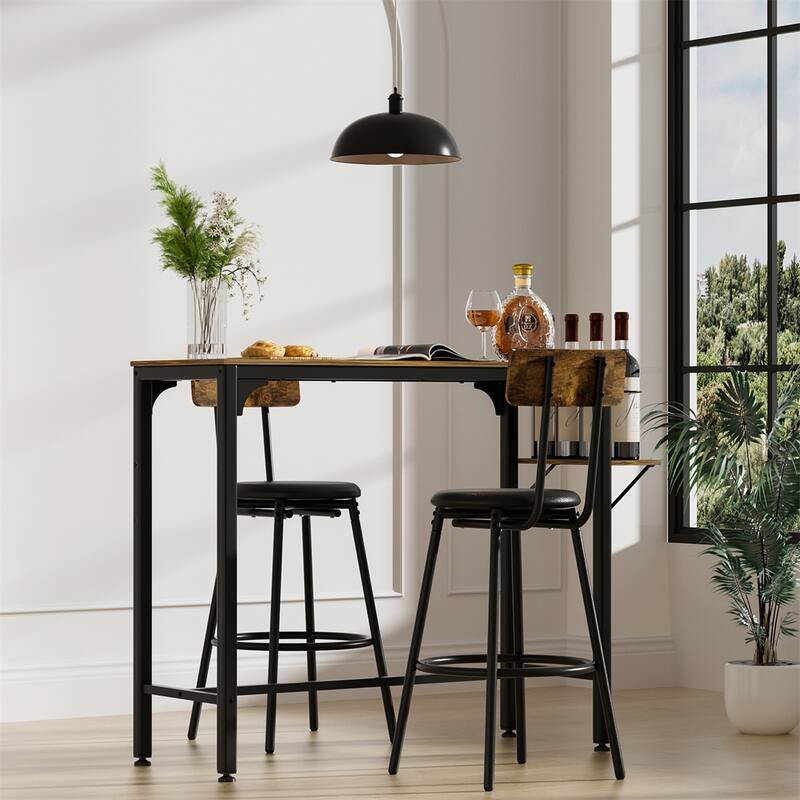 3 Pieces Industrial Dining Set with Wood Top and Wine Bottle Holder