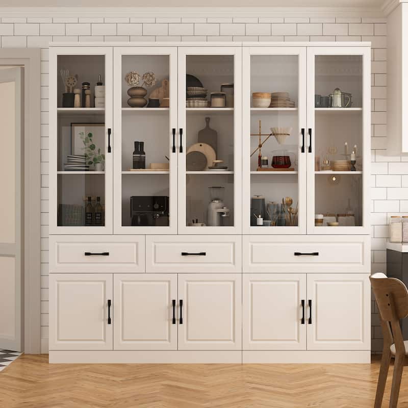 78.7" Large Combo Storage Cabinet Display Bookcase Glass Doors Pantry - 78.7"W