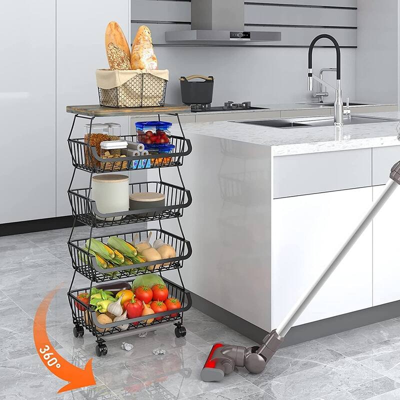 5/6-Tier Stackable Fruit Basket, Rolling Metal Cart with Wheels