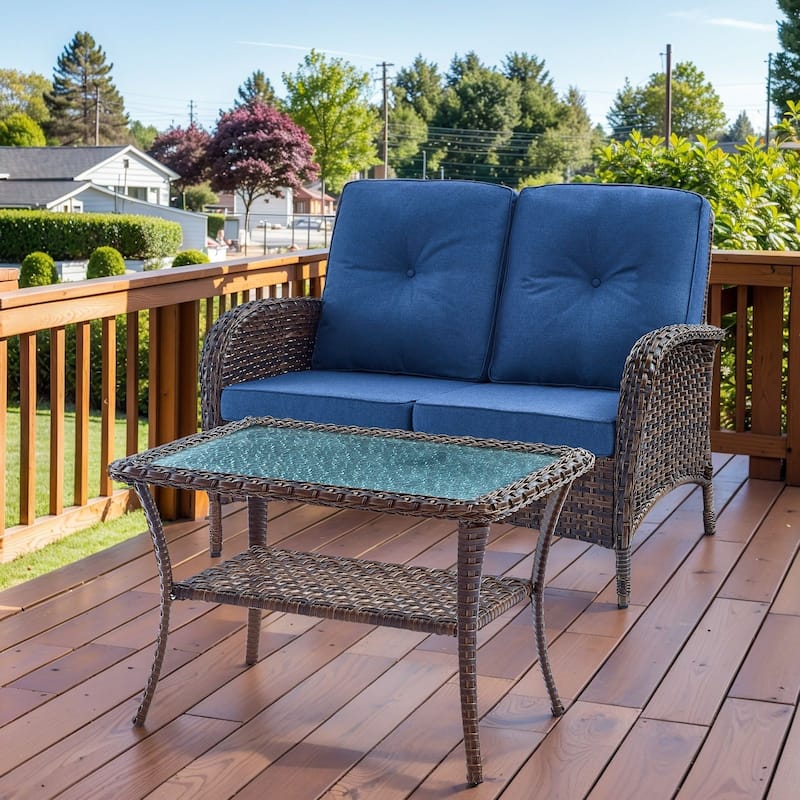 Outdoor Patio Loveseat Sofa with Coffee Table - Brown - Blue