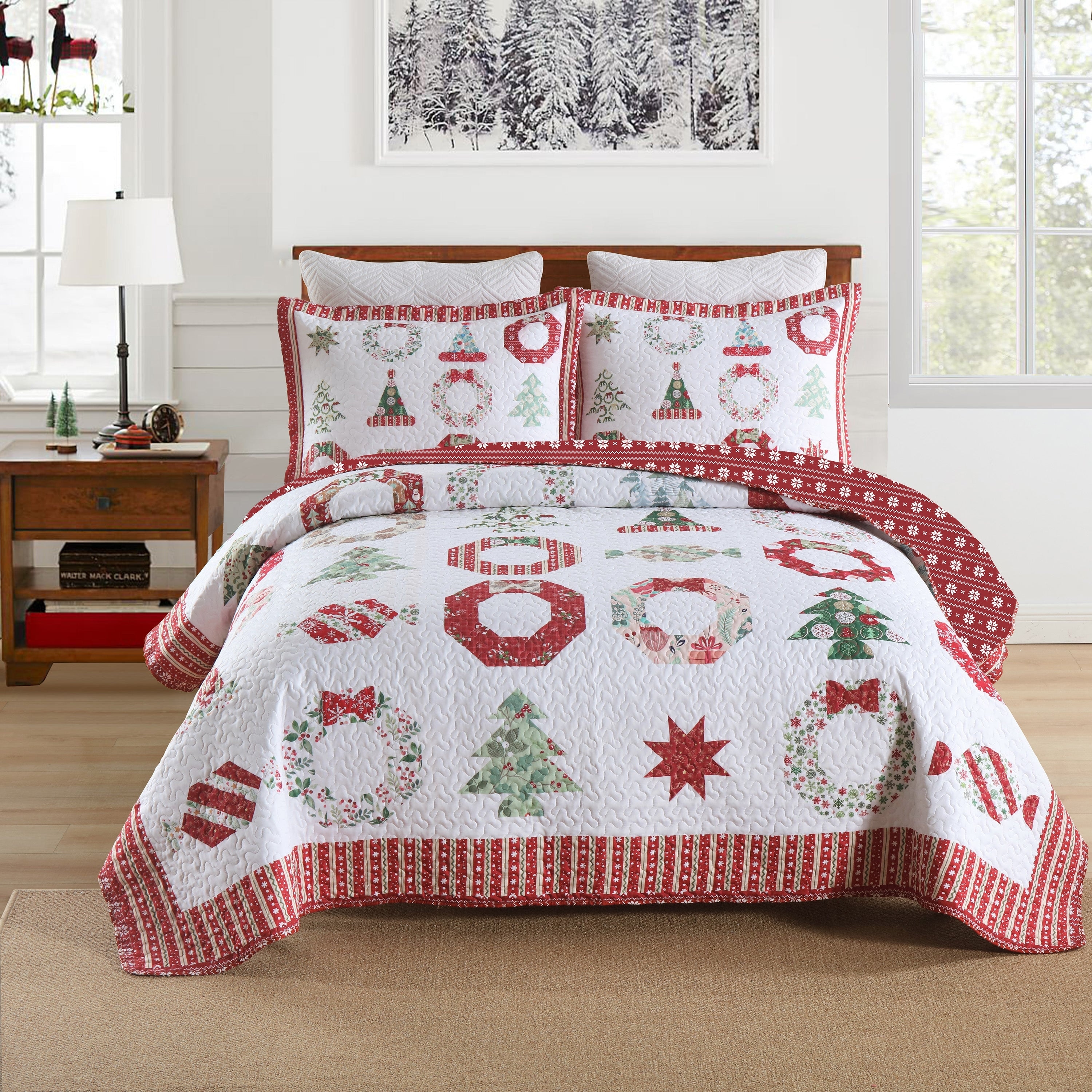 MarCielo Polyester Christmas Quilt Bedspread Set Candy Red