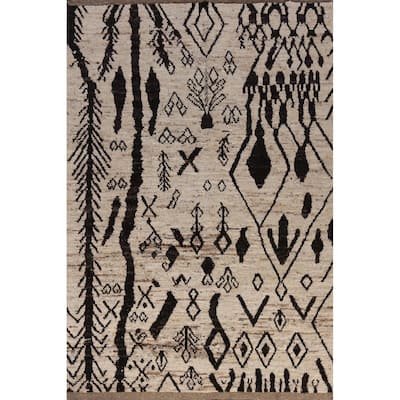 Geometric Moroccan Area Rug Handmade Beige Oriental Wool Carpet - 6'5" x 9'5"