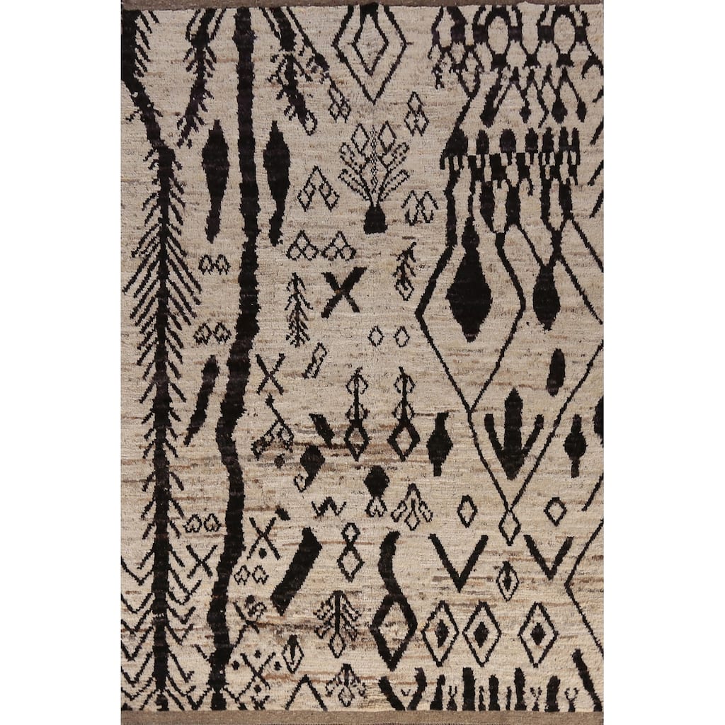 Geometric Moroccan Area Rug Handmade Beige Oriental Wool Carpet - 6'5" x 9'5"