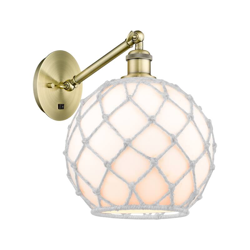 Innovations Lighting Endless Possibilities Ballston - Farmhouse Rope - 1 Light 10" Adjustable Sconce - Arm Adjusts Up and Down - Antique Brass/White Glass with White Rope