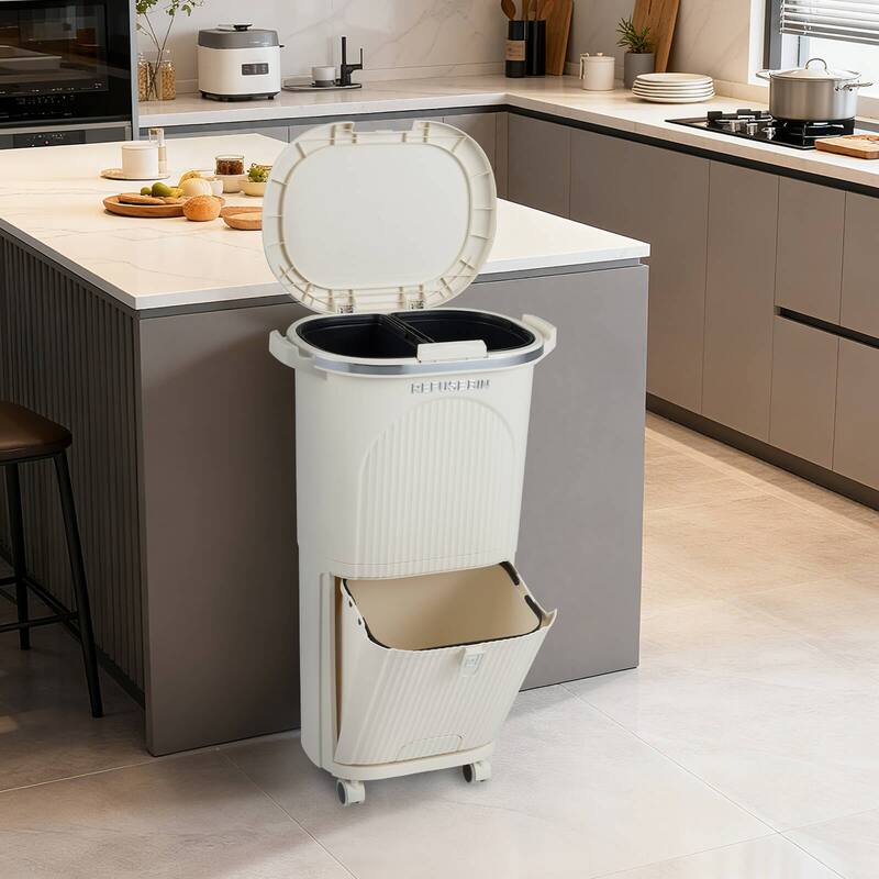Costway 10 Gallon Kitchen Trash Can with Lid, 2 Removable Buckets, - Beige